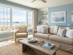 Coastal living room with muted blue walls, sandy beige sofa, linen slipcovers, driftwood accents, and a woven jute rug.