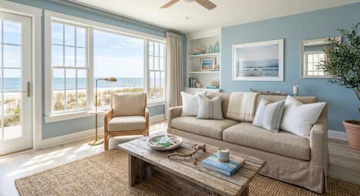 Coastal living room with muted blue walls, sandy beige sofa, linen slipcovers, driftwood accents, and a woven jute rug.