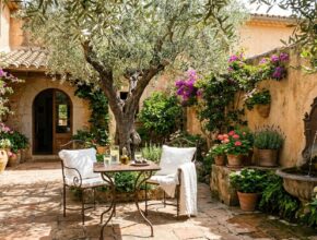 Mediterranean courtyard with terracotta tiles, stucco walls, wrought iron furniture, olive tree, and wall fountain.