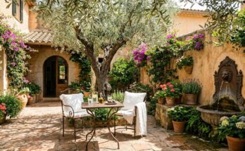 Mediterranean courtyard with terracotta tiles, stucco walls, wrought iron furniture, olive tree, and wall fountain.