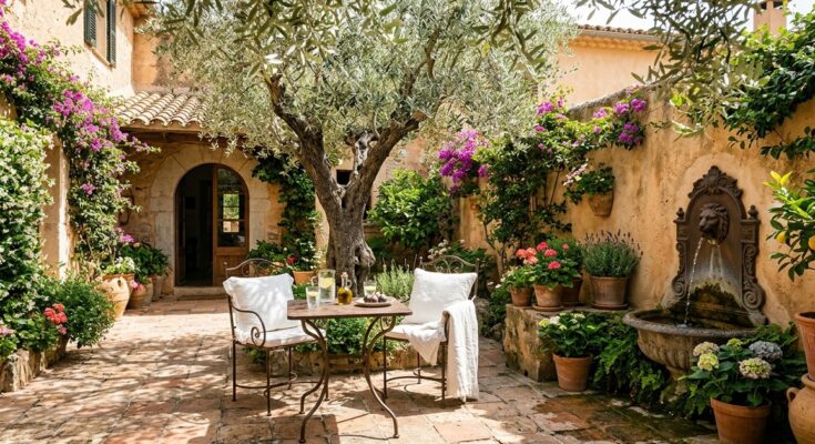 Mediterranean courtyard with terracotta tiles, stucco walls, wrought iron furniture, olive tree, and wall fountain.