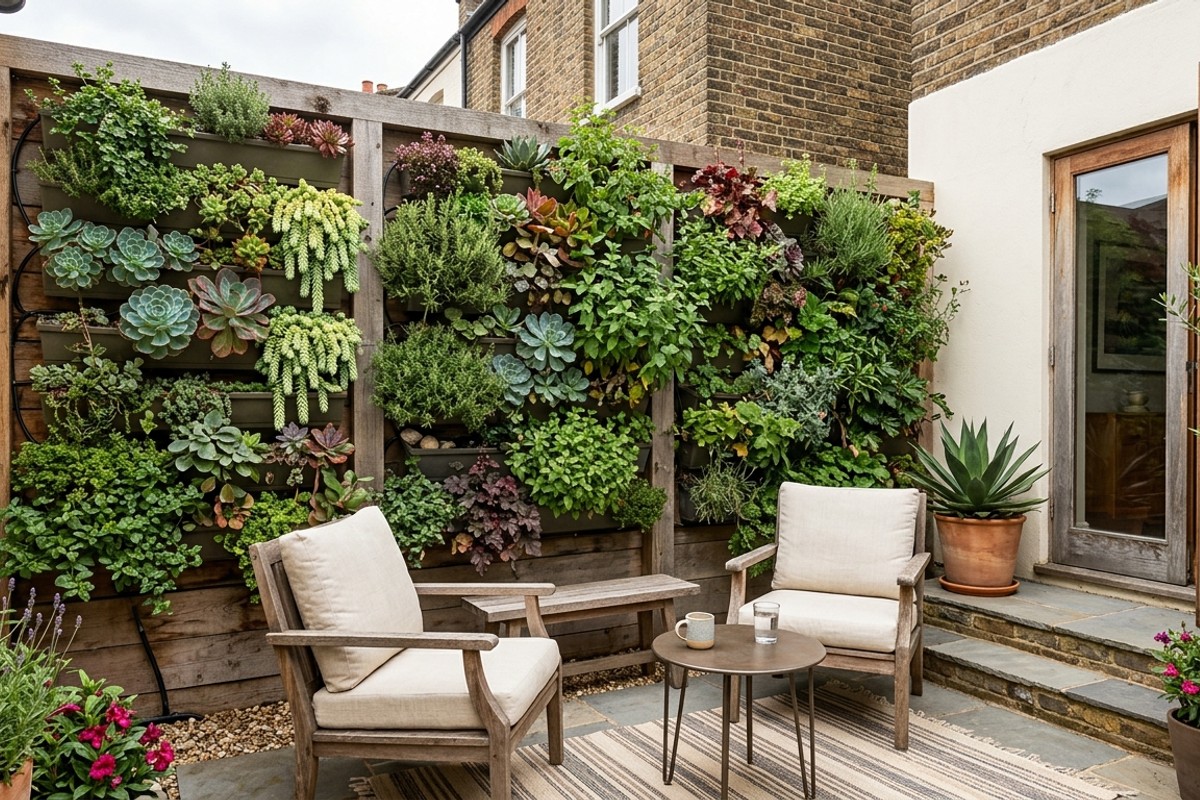 Vertical garden wall with succulents and herbs in modular planters on a small patio.