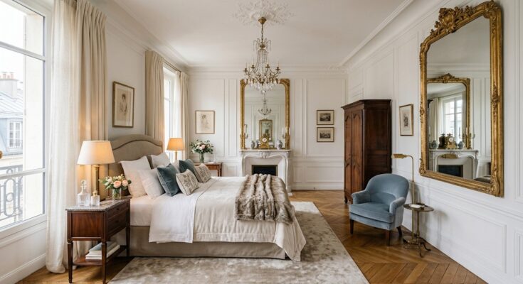 Classic Parisian elegance bedroom with herringbone floors, plush rug, gilded mirrors.