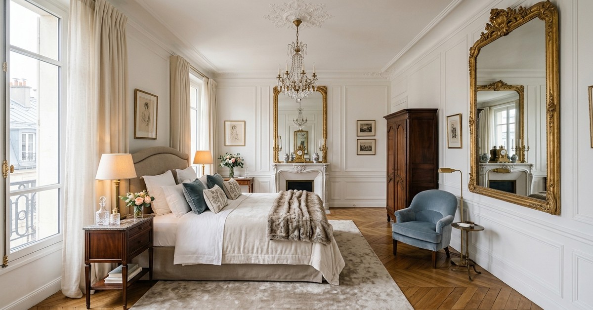 Classic Parisian elegance bedroom with herringbone floors, plush rug, gilded mirrors.
