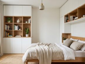 Small bedroom with custom wall-mounted storage unit in light oak, featuring open shelves and closed cabinets around the bed for vertical space maximization.