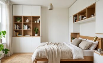 Small bedroom with custom wall-mounted storage unit in light oak, featuring open shelves and closed cabinets around the bed for vertical space maximization.