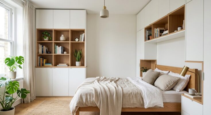 Small bedroom with custom wall-mounted storage unit in light oak, featuring open shelves and closed cabinets around the bed for vertical space maximization.
