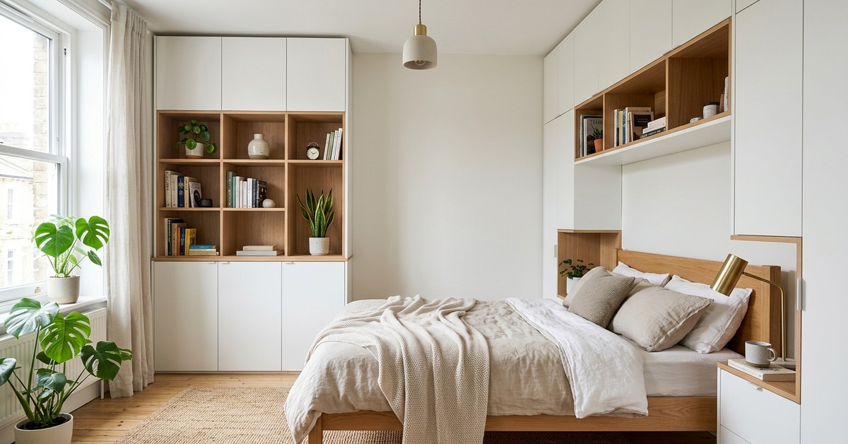 Small bedroom with custom wall-mounted storage unit in light oak, featuring open shelves and closed cabinets around the bed for vertical space maximization.