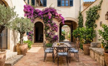 Mediterranean patio with terracotta tiles, bougainvillea, wrought iron furniture, olive trees, and citrus plants.