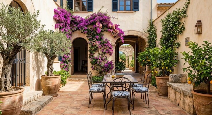Mediterranean patio with terracotta tiles, bougainvillea, wrought iron furniture, olive trees, and citrus plants.