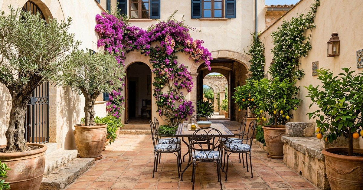 Mediterranean patio with terracotta tiles, bougainvillea, wrought iron furniture, olive trees, and citrus plants.