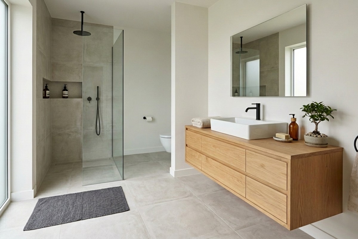 Zen minimalist bathroom with floating natural oak vanity, Wimborne White walls, and large soft concrete porcelain floor tiles.