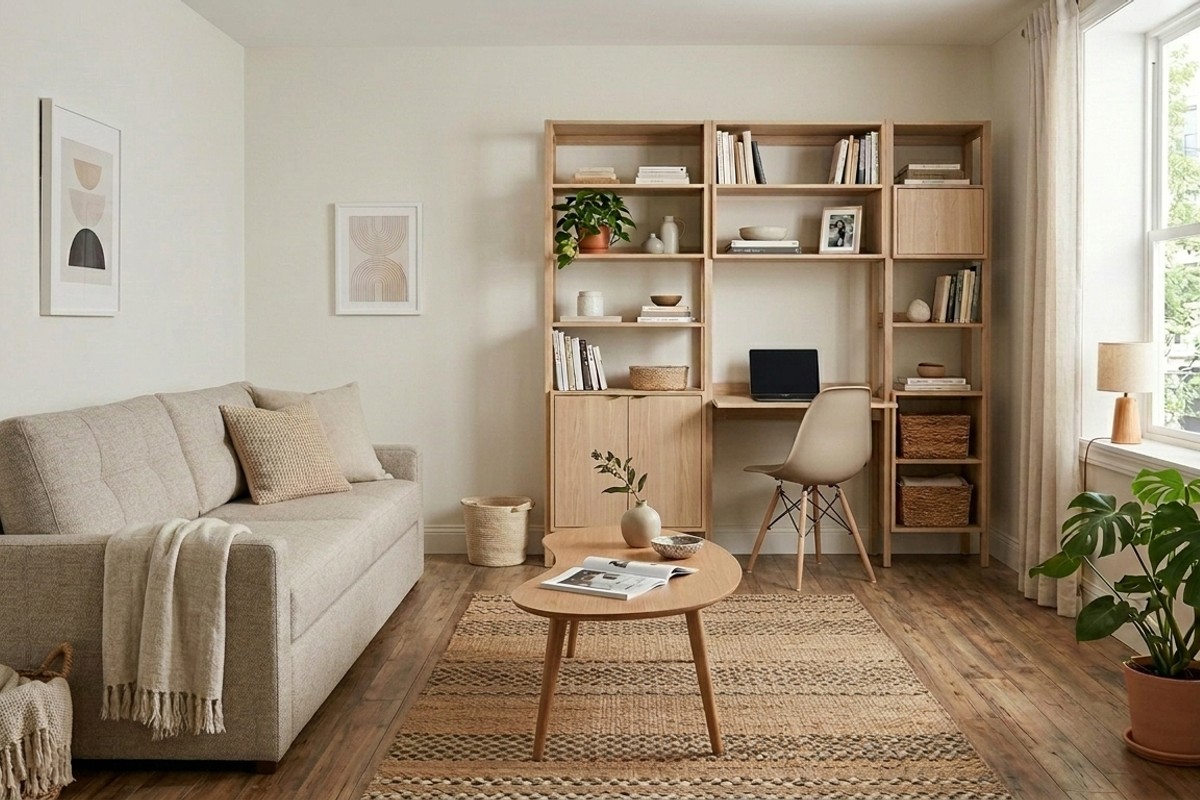 Small living room with a multi-functional storage ottoman and a modern sofa designed as a pull-out bed, optimizing space.