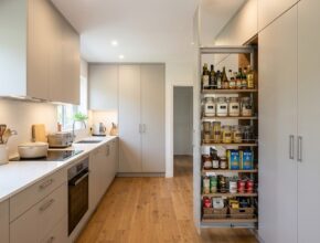 Floor-to-ceiling custom built-in cabinetry with a tall pantry pull-out in a small kitchen, demonstrating vertical storage maximization.