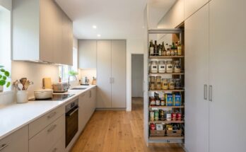 Floor-to-ceiling custom built-in cabinetry with a tall pantry pull-out in a small kitchen, demonstrating vertical storage maximization.