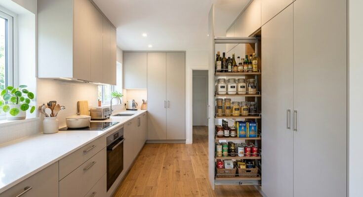 Floor-to-ceiling custom built-in cabinetry with a tall pantry pull-out in a small kitchen, demonstrating vertical storage maximization.