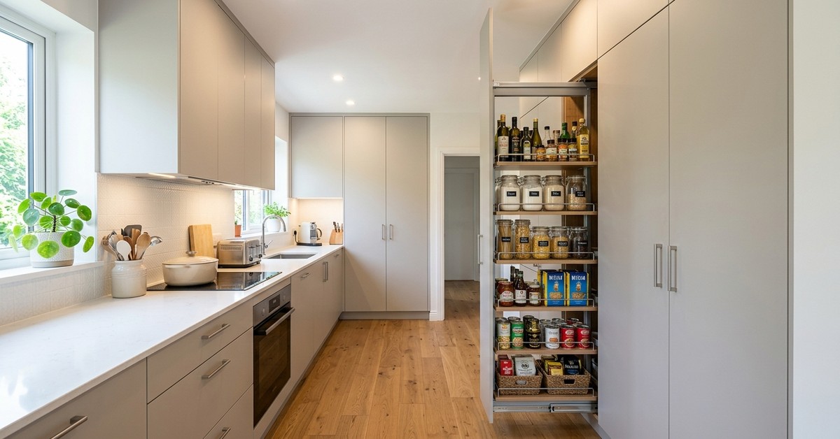 Floor-to-ceiling custom built-in cabinetry with a tall pantry pull-out in a small kitchen, demonstrating vertical storage maximization.