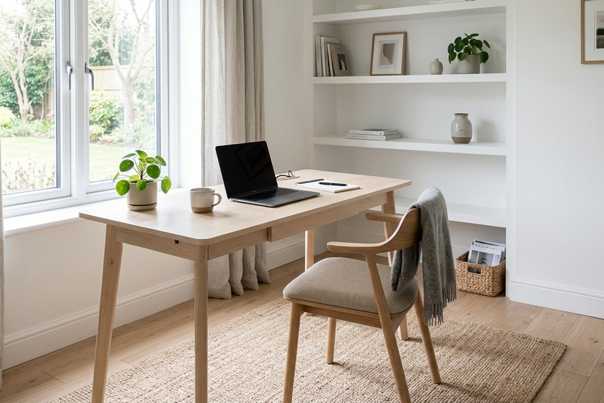Minimalist Scandinavian home office with whitewashed walls, birchwood desk, and grey textiles.