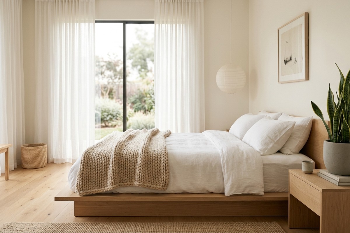 Minimalist Zen bedroom with a chunky knit throw, snake plant in a matte ceramic planter, and sheer white curtains filtering natural light.