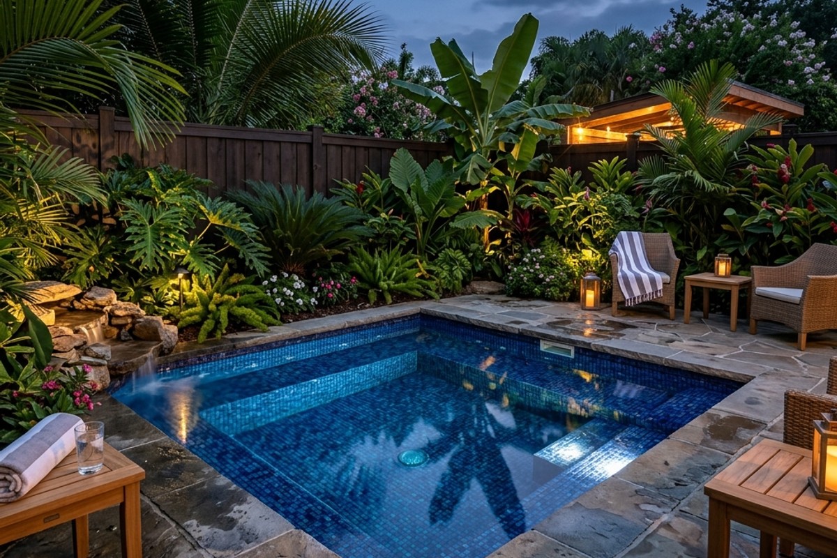 Square plunge pool with midnight blue mosaic tiles, natural stone coping, and built-in seating for small yards.