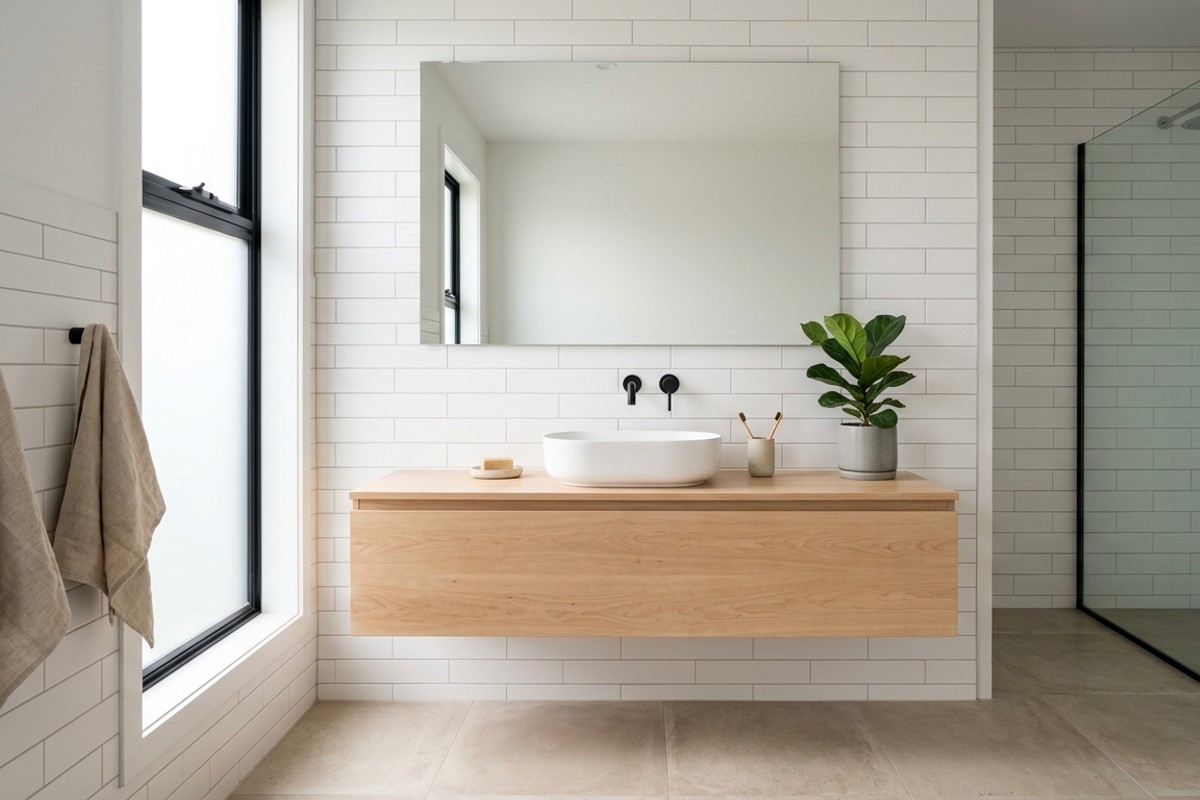 Minimalist zen bathroom with neutral Sherwin-Williams Repose Gray walls, white subway tiles, and a light maple floating vanity.