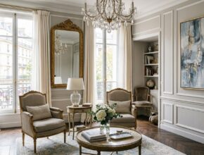 Elegant Parisian chic living room with muted linen fauteuil chairs, gold leaf mirrors, a crystal chandelier, and abstract art.