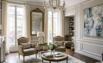 Elegant Parisian chic living room with muted linen fauteuil chairs, gold leaf mirrors, a crystal chandelier, and abstract art.