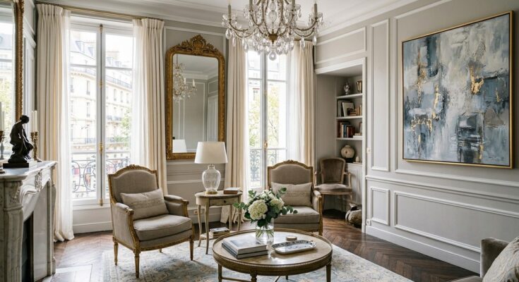 Elegant Parisian chic living room with muted linen fauteuil chairs, gold leaf mirrors, a crystal chandelier, and abstract art.