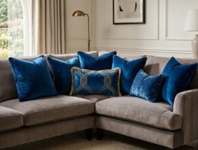 Deep sapphire velvet throw pillows on a sofa, adding glamour and comfort.