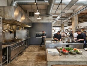 Industrial kitchen with concrete countertops, stainless steel appliances, and exposed ductwork.