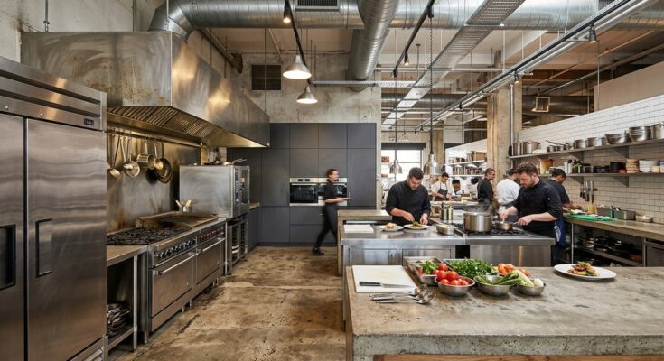 Industrial kitchen with concrete countertops, stainless steel appliances, and exposed ductwork.