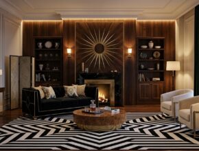 Art Deco living room with black and white geometric pattern rug and sunburst motif detailing.