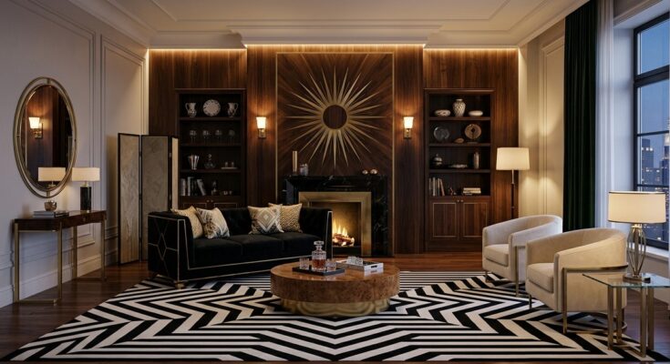 Art Deco living room with black and white geometric pattern rug and sunburst motif detailing.