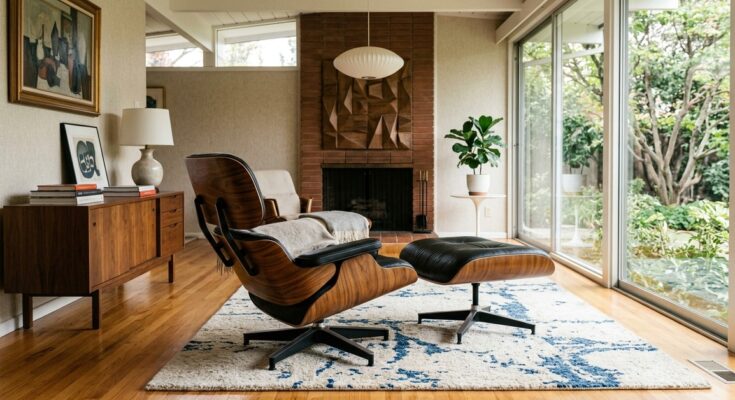 Iconic Eames Lounge Chair or Saarinen Tulip table with slender tapered legs, clean upholstery, and exposed wood grains in a mid-century modern interior.
