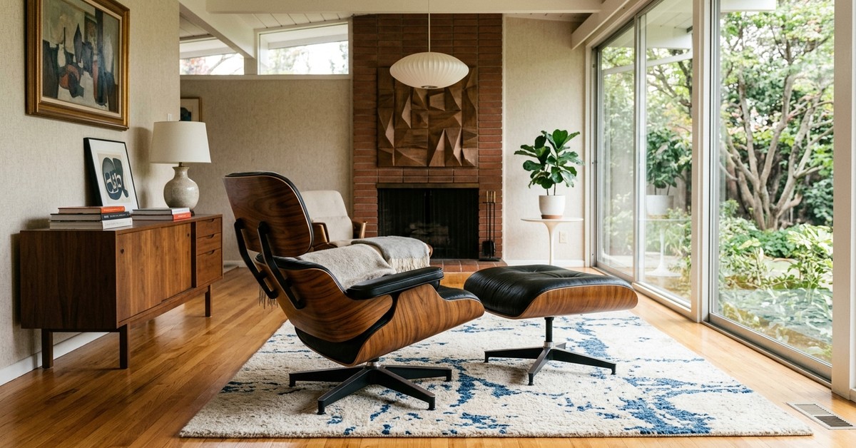 Iconic Eames Lounge Chair or Saarinen Tulip table with slender tapered legs, clean upholstery, and exposed wood grains in a mid-century modern interior.