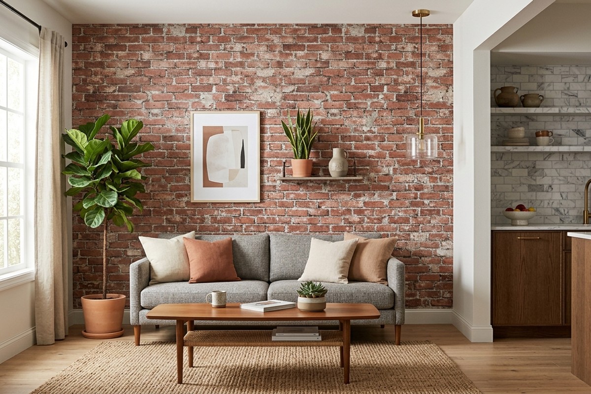 Living room with a weathered brick peel-and-stick wallpaper accent wall and a kitchen corner with marble peel-and-stick backsplash tiles