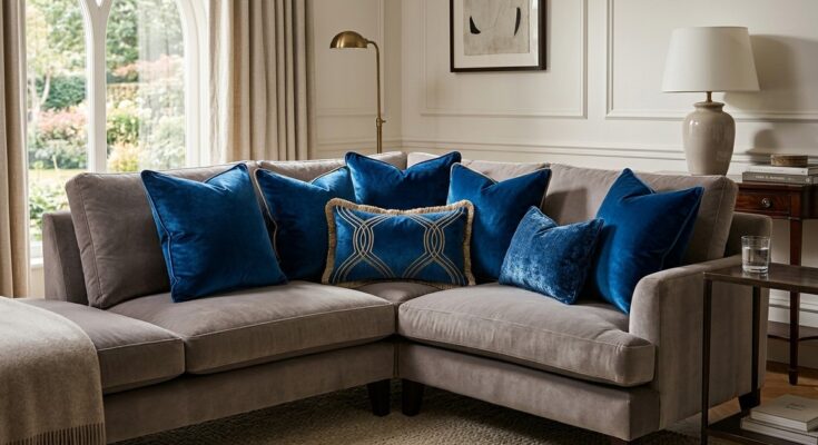 Deep sapphire velvet throw pillows on a sofa, adding glamour and comfort.