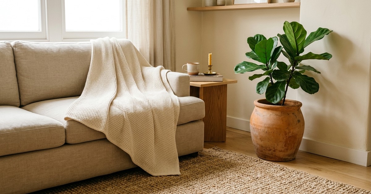 Organic cotton throw and rug on a sofa, with a terracotta planter holding a plant in natural light.