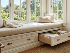 Built-in window seat with a linen cushion and pull-out storage drawers beneath, illuminated by natural light.