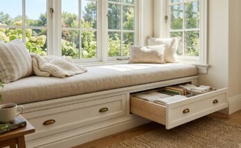 Built-in window seat with a linen cushion and pull-out storage drawers beneath, illuminated by natural light.