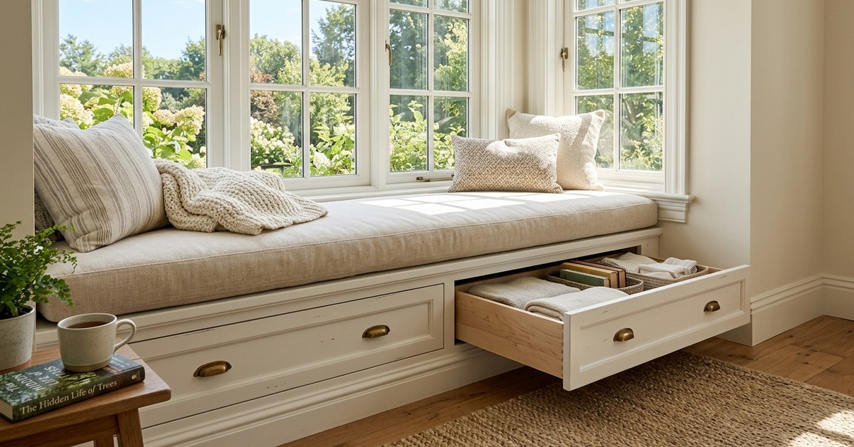 Built-in window seat with a linen cushion and pull-out storage drawers beneath, illuminated by natural light.