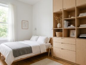 Vertical storage unit in a small bedroom with light MDF, floor-to-ceiling shelving.
