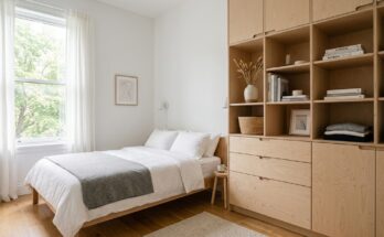 Vertical storage unit in a small bedroom with light MDF, floor-to-ceiling shelving.