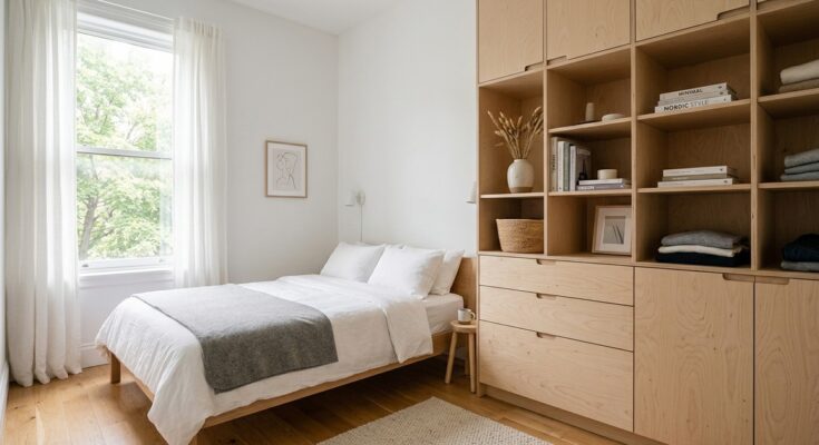 Vertical storage unit in a small bedroom with light MDF, floor-to-ceiling shelving.