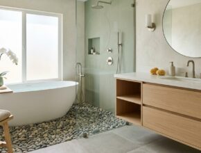 Japandi minimalist bathroom with natural wood, deep soaking tub, and river stone shower floor