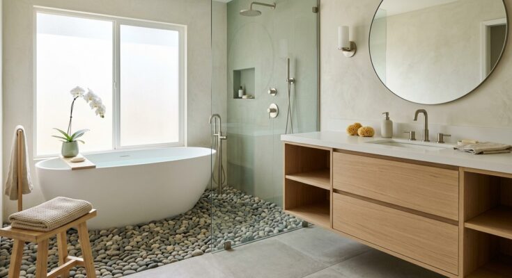 Japandi minimalist bathroom with natural wood, deep soaking tub, and river stone shower floor