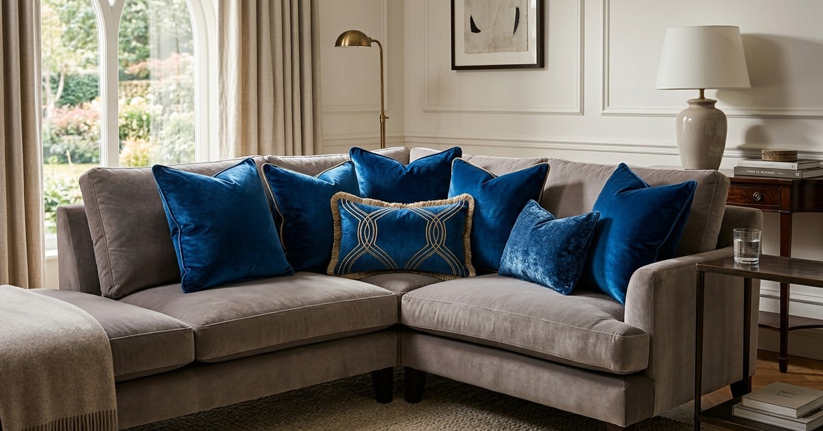Deep sapphire velvet throw pillows on a sofa, adding glamour and comfort.