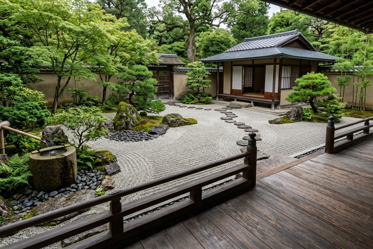 Zen garden sanctuary with raked gravel, rocks, elevated wooden deck, dwarf conifers, and a stone water basin.