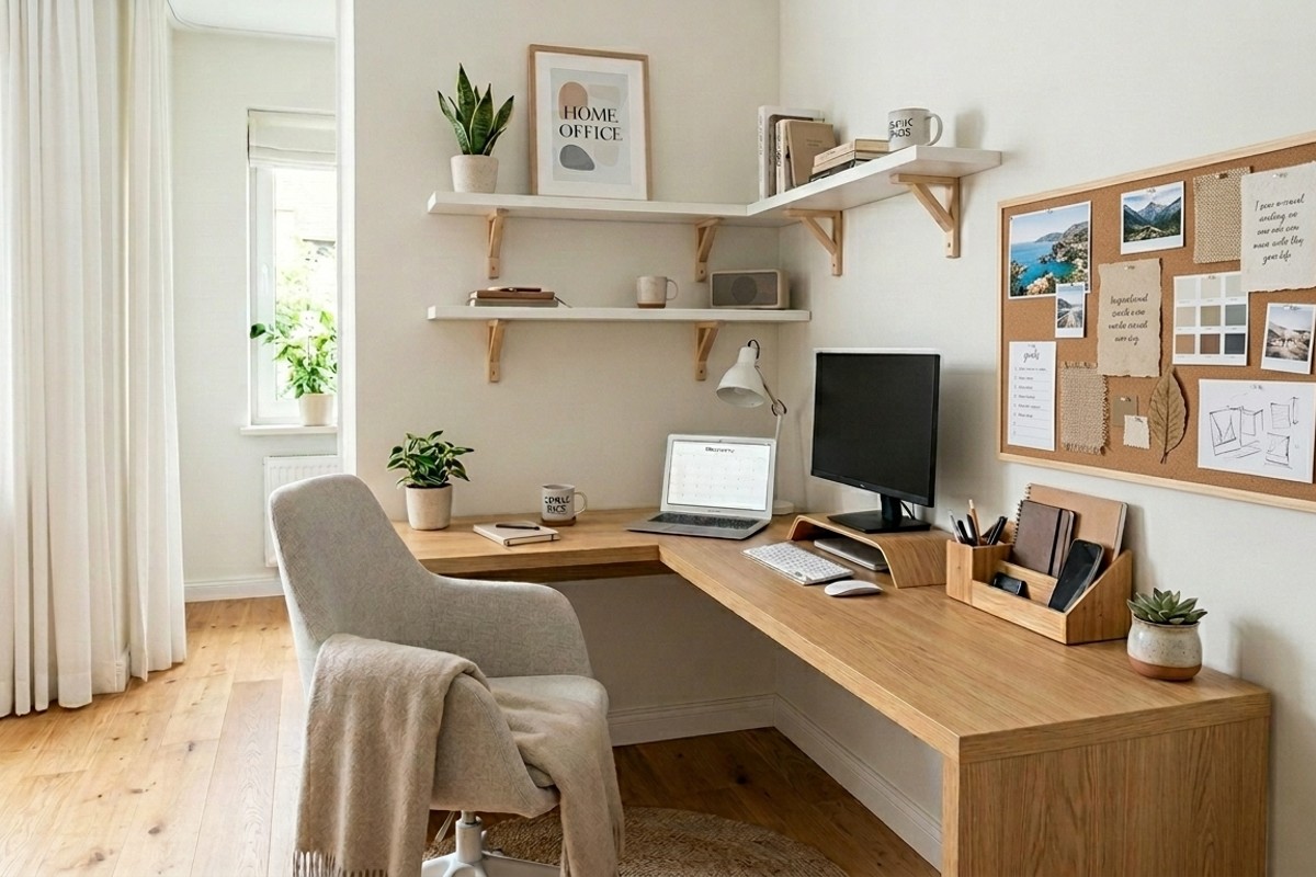 Compact corner nook home office with floating shelves and custom corner desk.