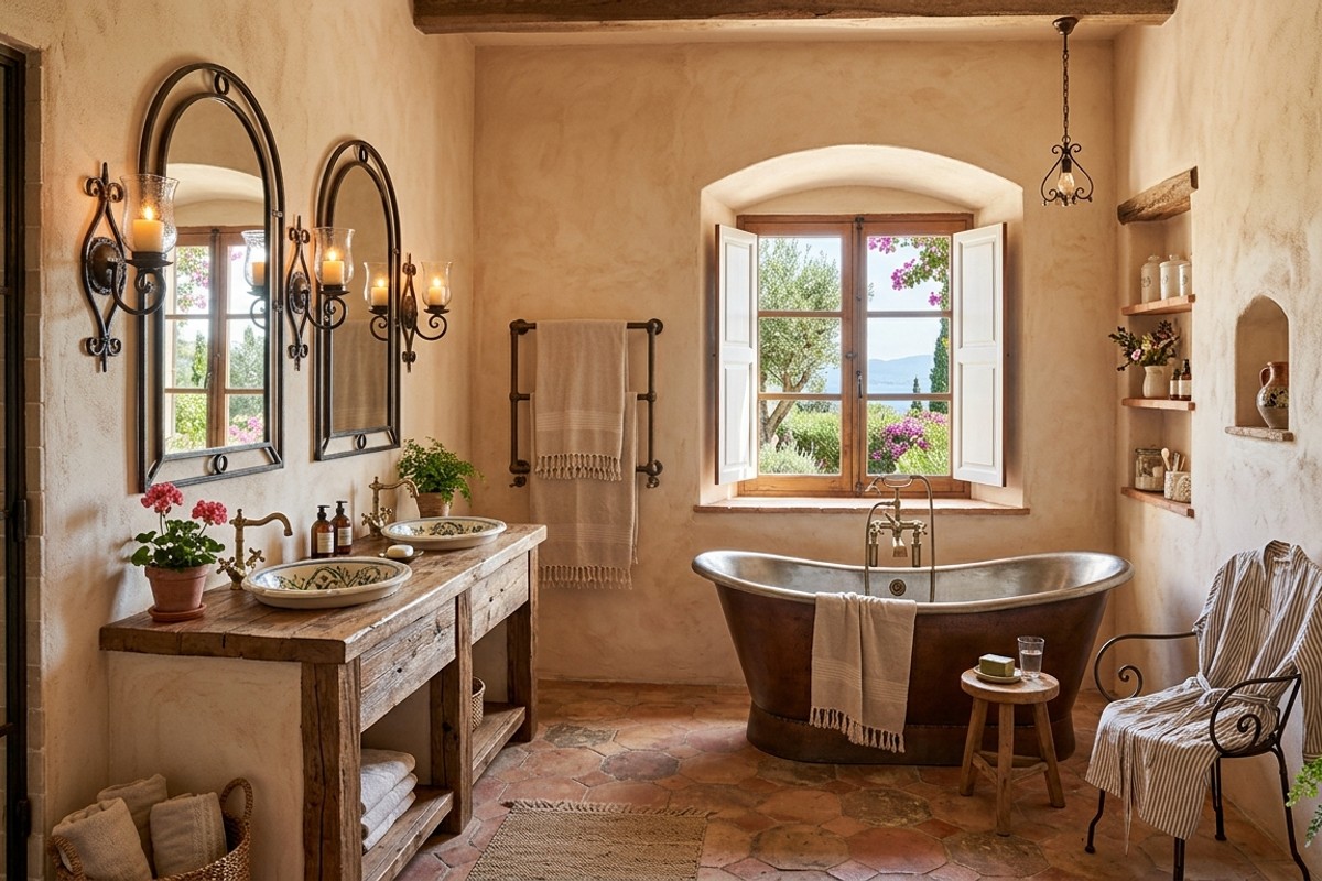 Mediterranean retreat bathroom with terracotta floor tiles, stucco-like walls, arched mirrors, and wrought iron.